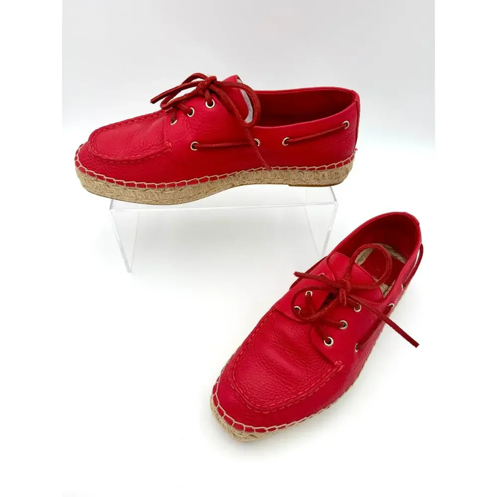 Tory Burch Skipper Boat Shoes Espadrilles Red Leather Size 9.5 Flatforms Flats